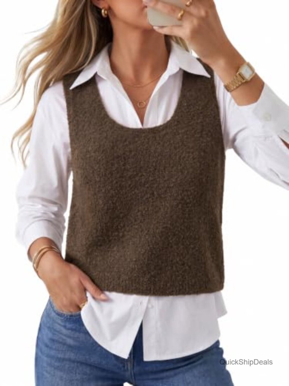 Wool Blend Cropped Sweater Vest Scoop Neck Sleeveless Work Layer